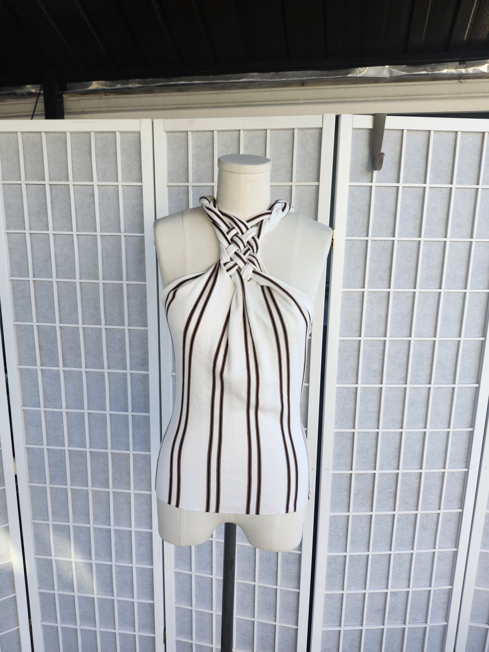 White House Black Market Cream Halter Top with Brown Stripes